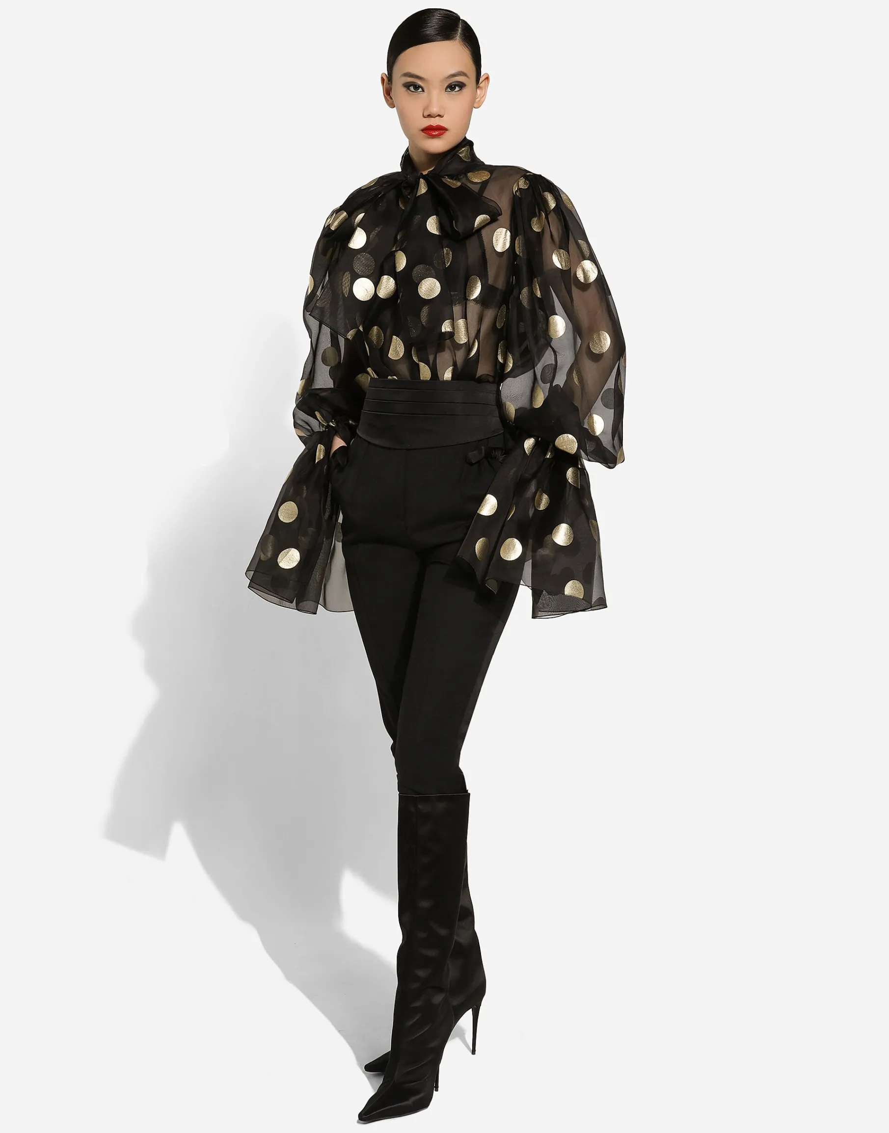 Silk organza jacquard blouse with polka-dot design and pussy-bow