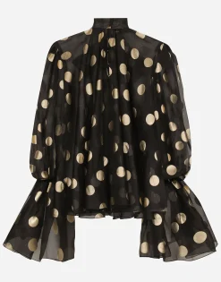 Silk organza jacquard blouse with polka-dot design and pussy-bow