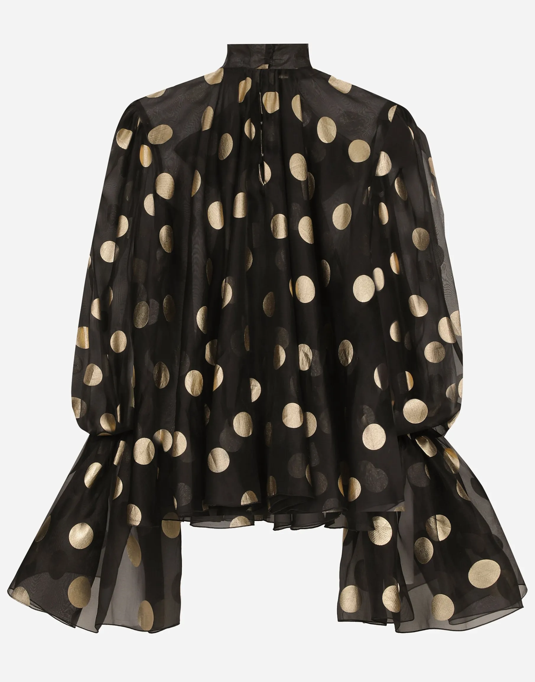 Silk organza jacquard blouse with polka-dot design and pussy-bow