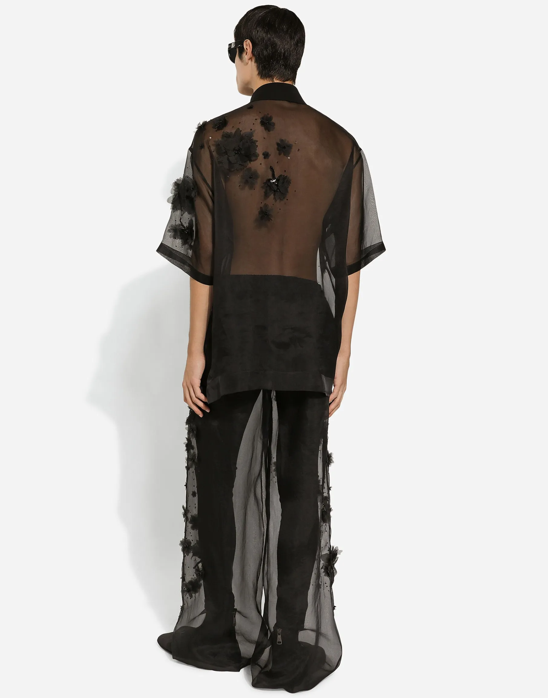 Silk organza jogging pants with embroidery