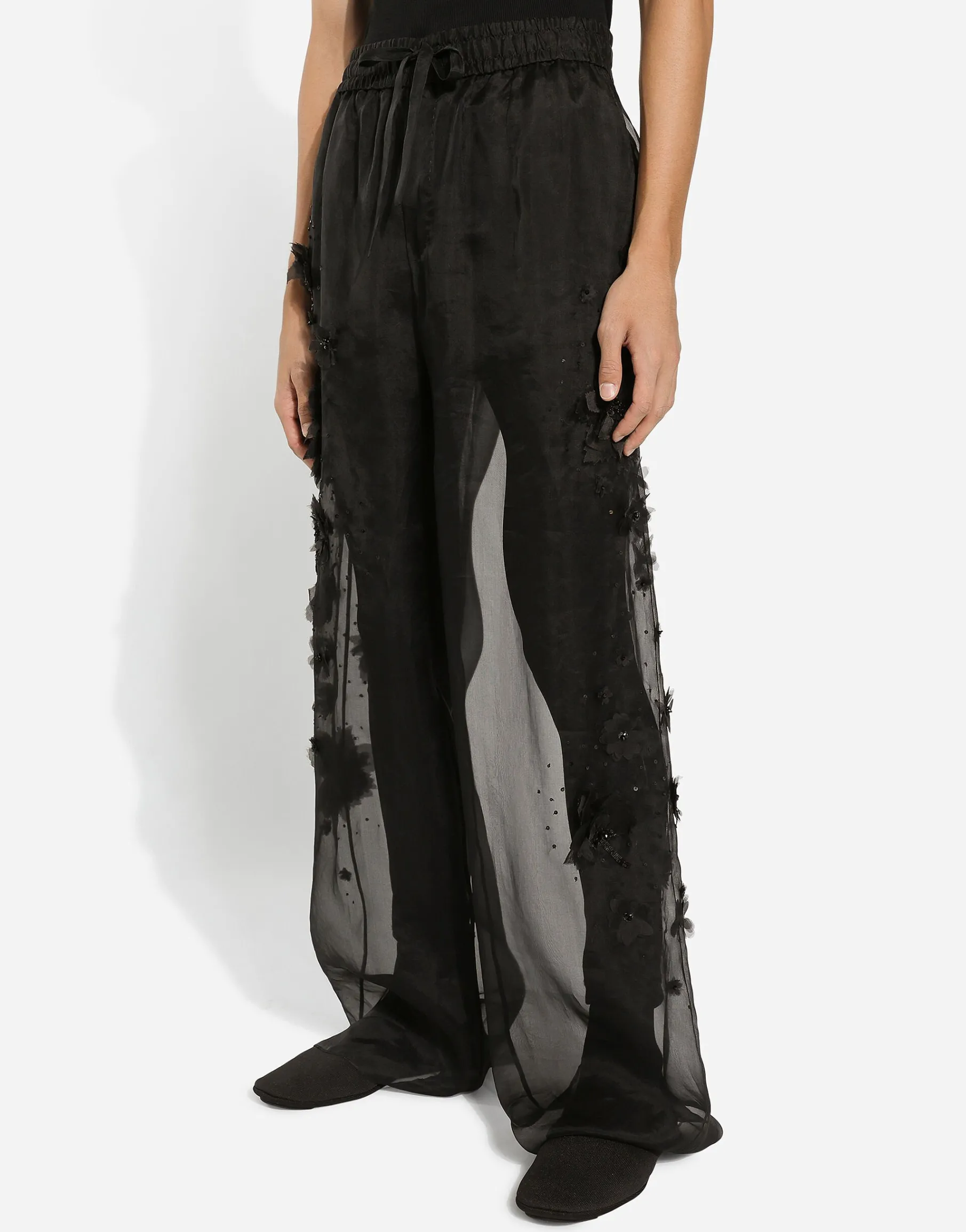 Silk organza jogging pants with embroidery
