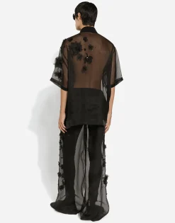 Silk organza polo shirt with embroidery