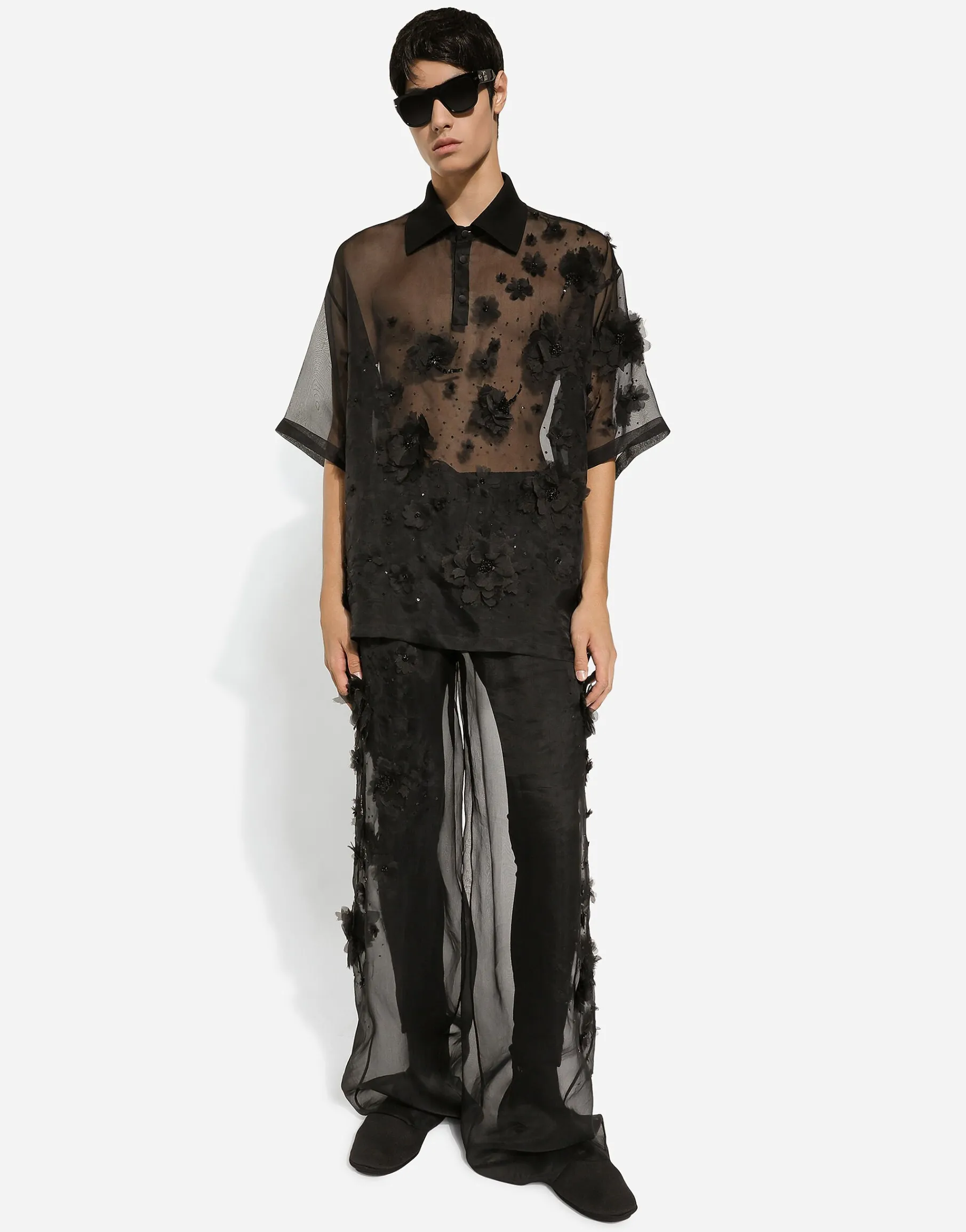 Silk organza polo shirt with embroidery