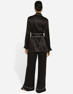 Silk pajama pants with contrasting piping