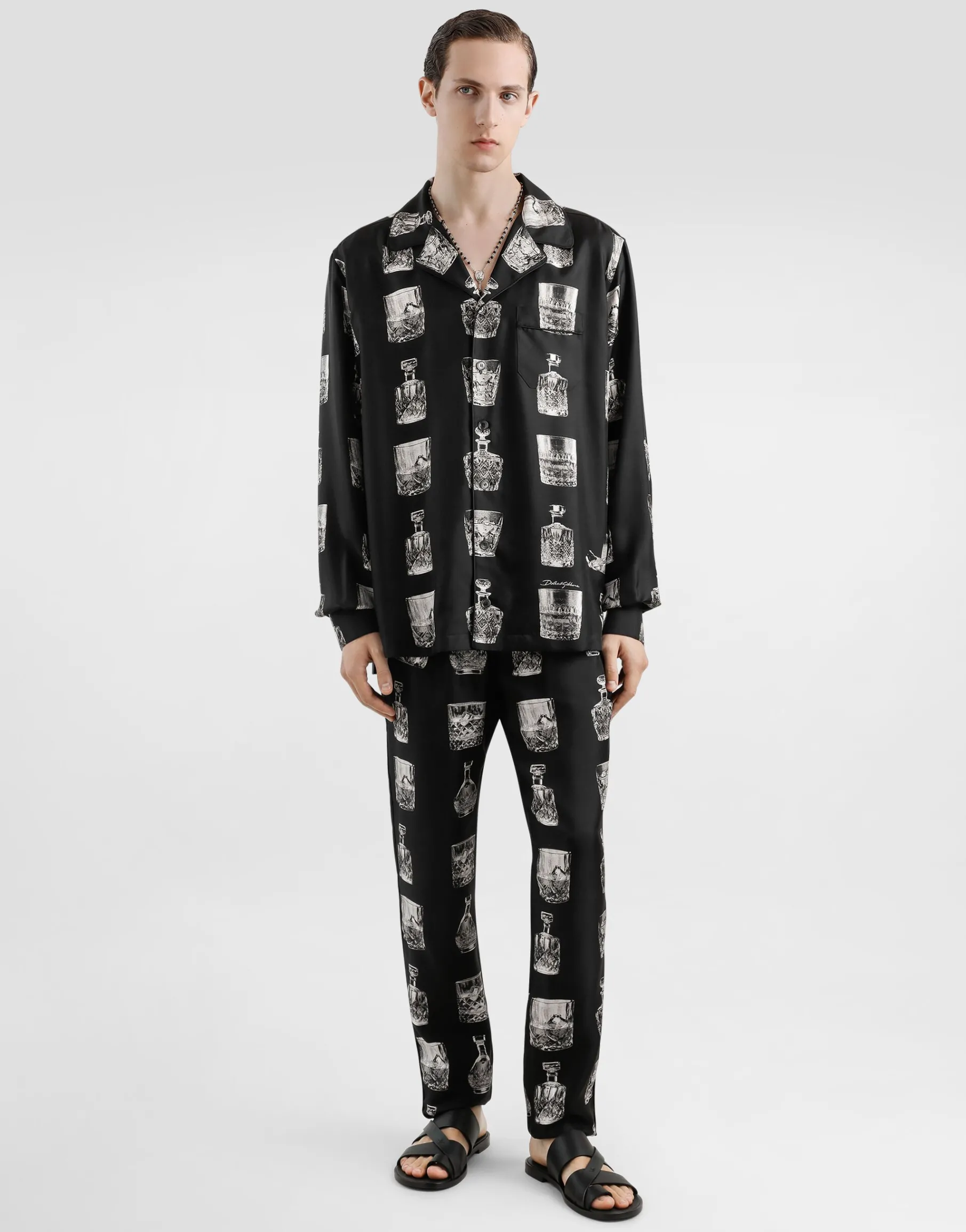 Silk pajama pants with whisky print