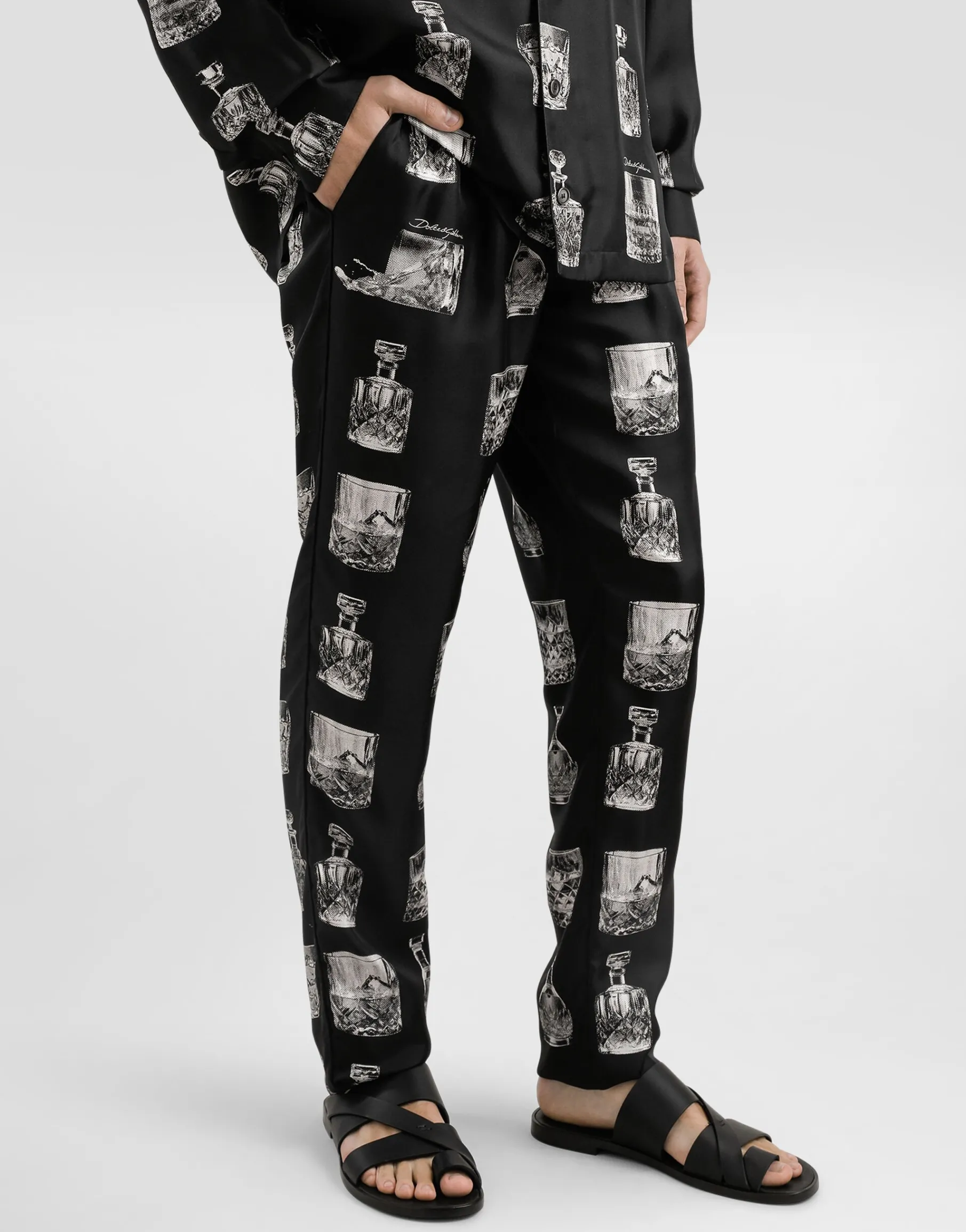 Silk pajama pants with whisky print