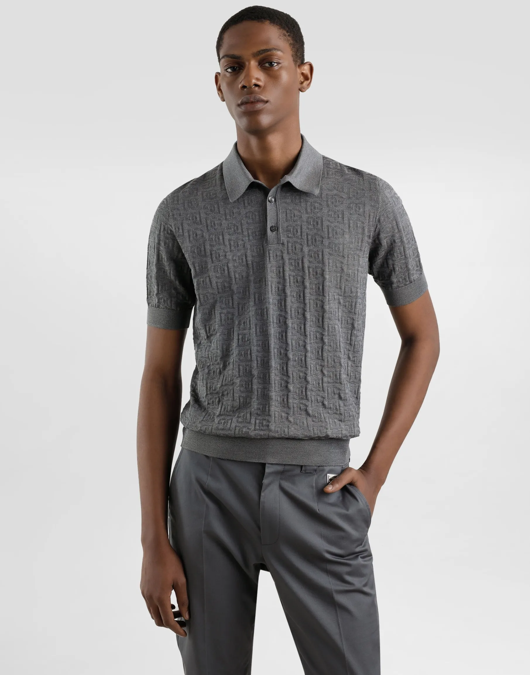 Silk polo-shirt with all-over DG logo embroidery