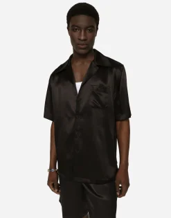 Silk satin Hawaiian shirt with metal DG logo