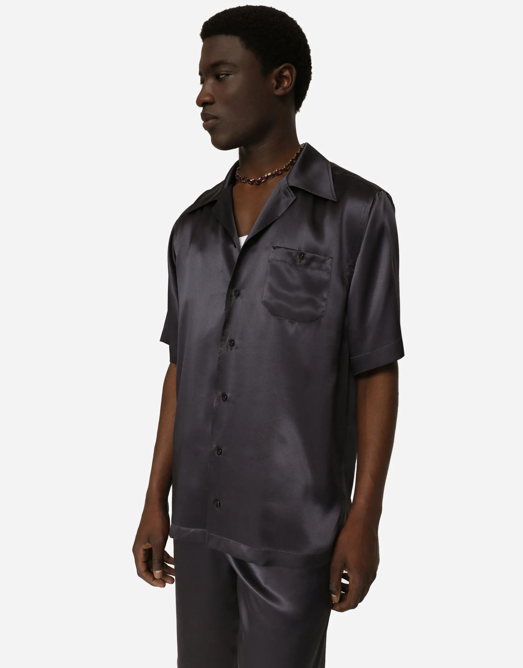 Silk satin Hawaiian shirt with metal DG logo