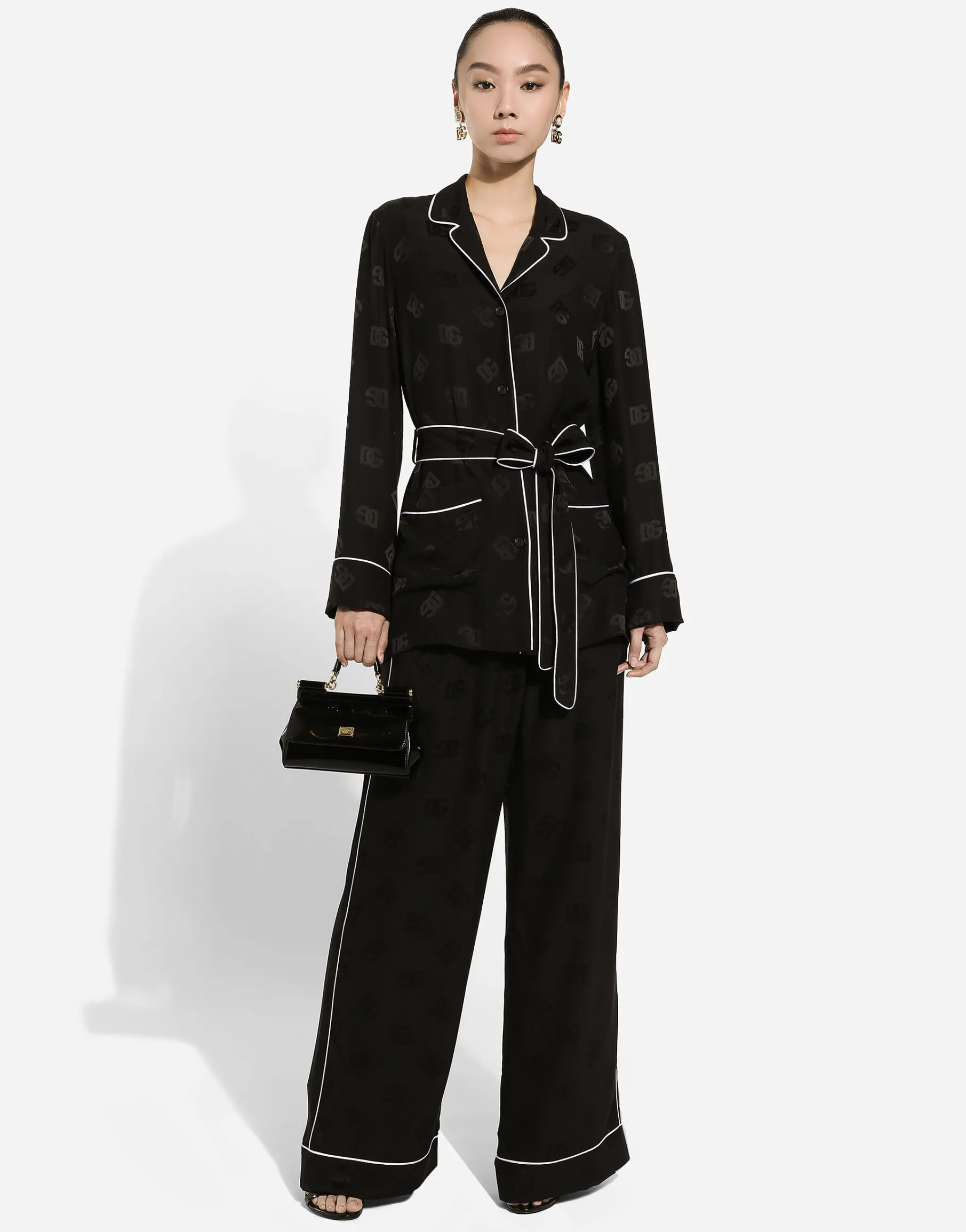 Silk satin jacquard pajama pants with all-over DG logo