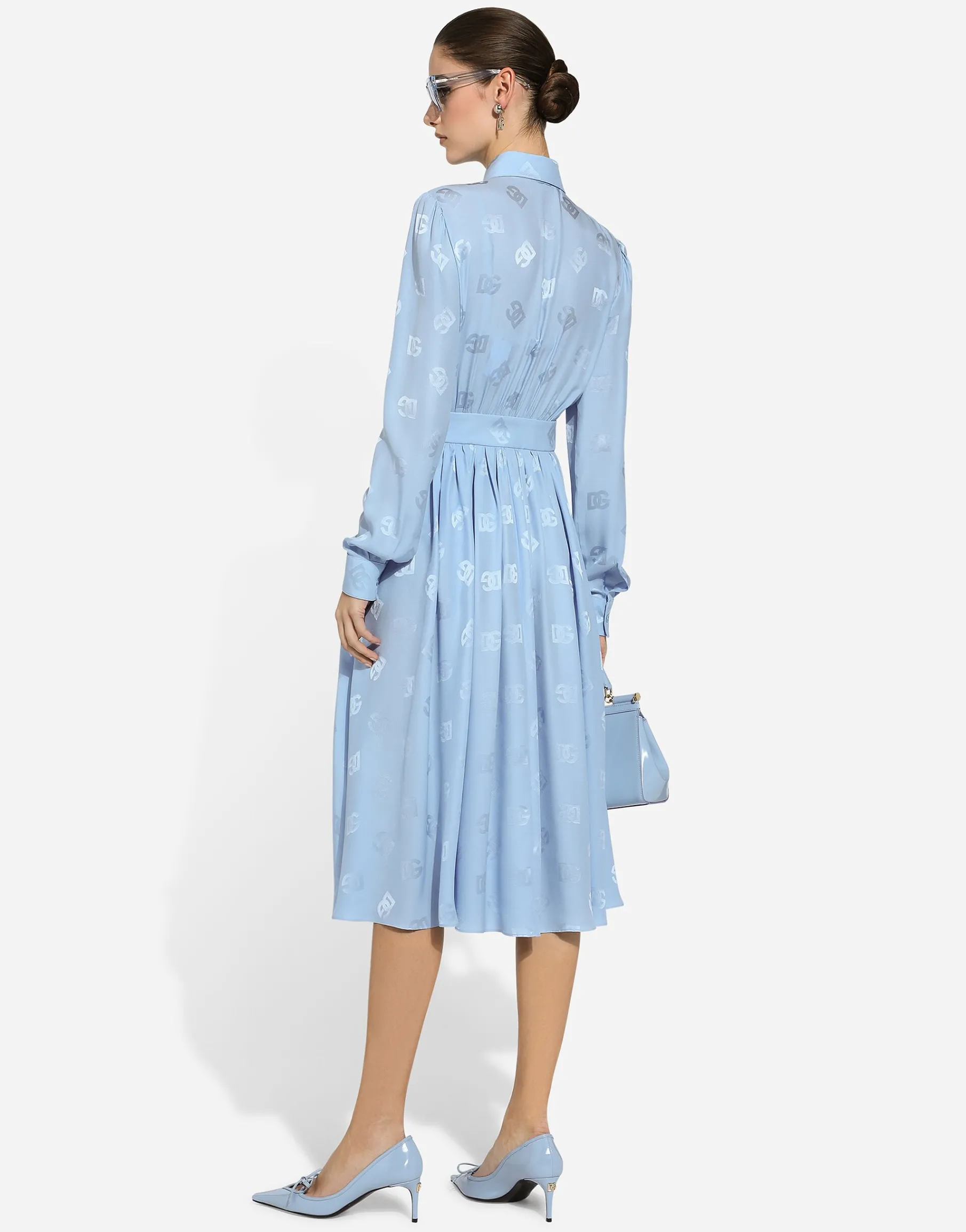 Silk satin jacquard shirt dress with DG logo