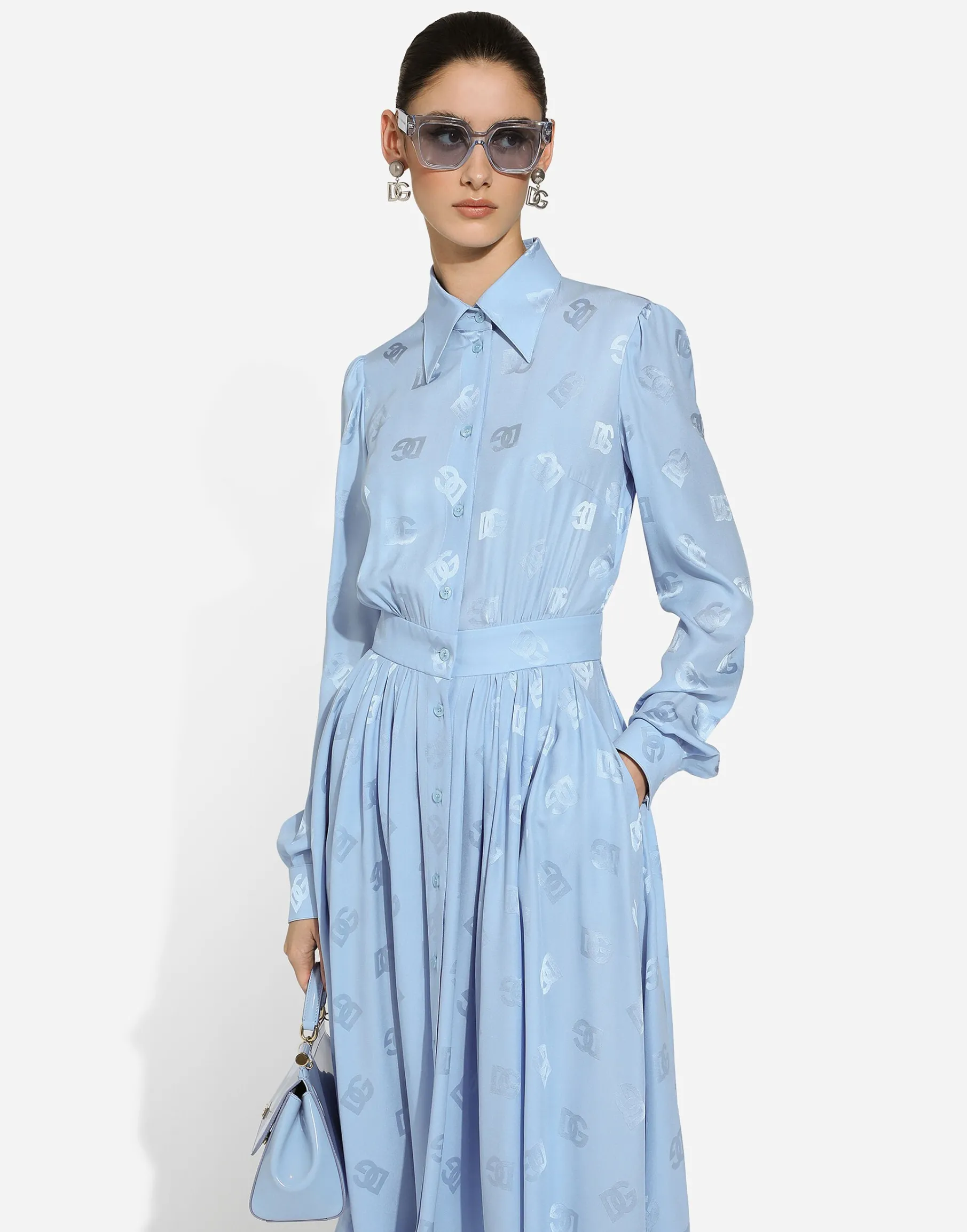 Silk satin jacquard shirt dress with DG logo