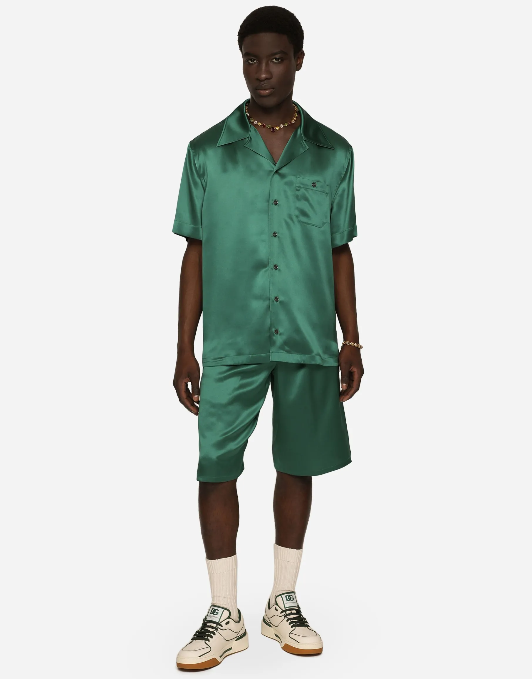 Silk satin jogging shorts with metal DG logo