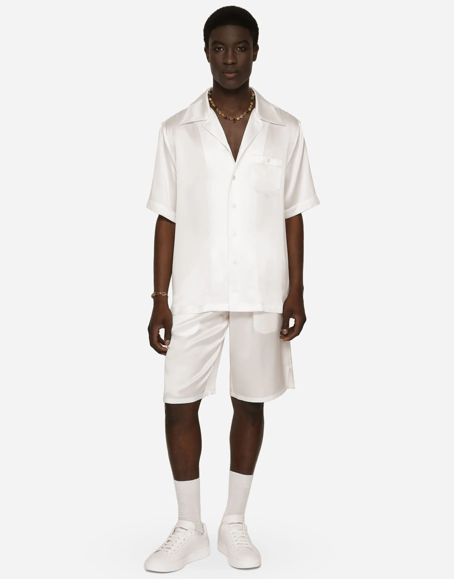 Silk satin jogging shorts with metal DG logo