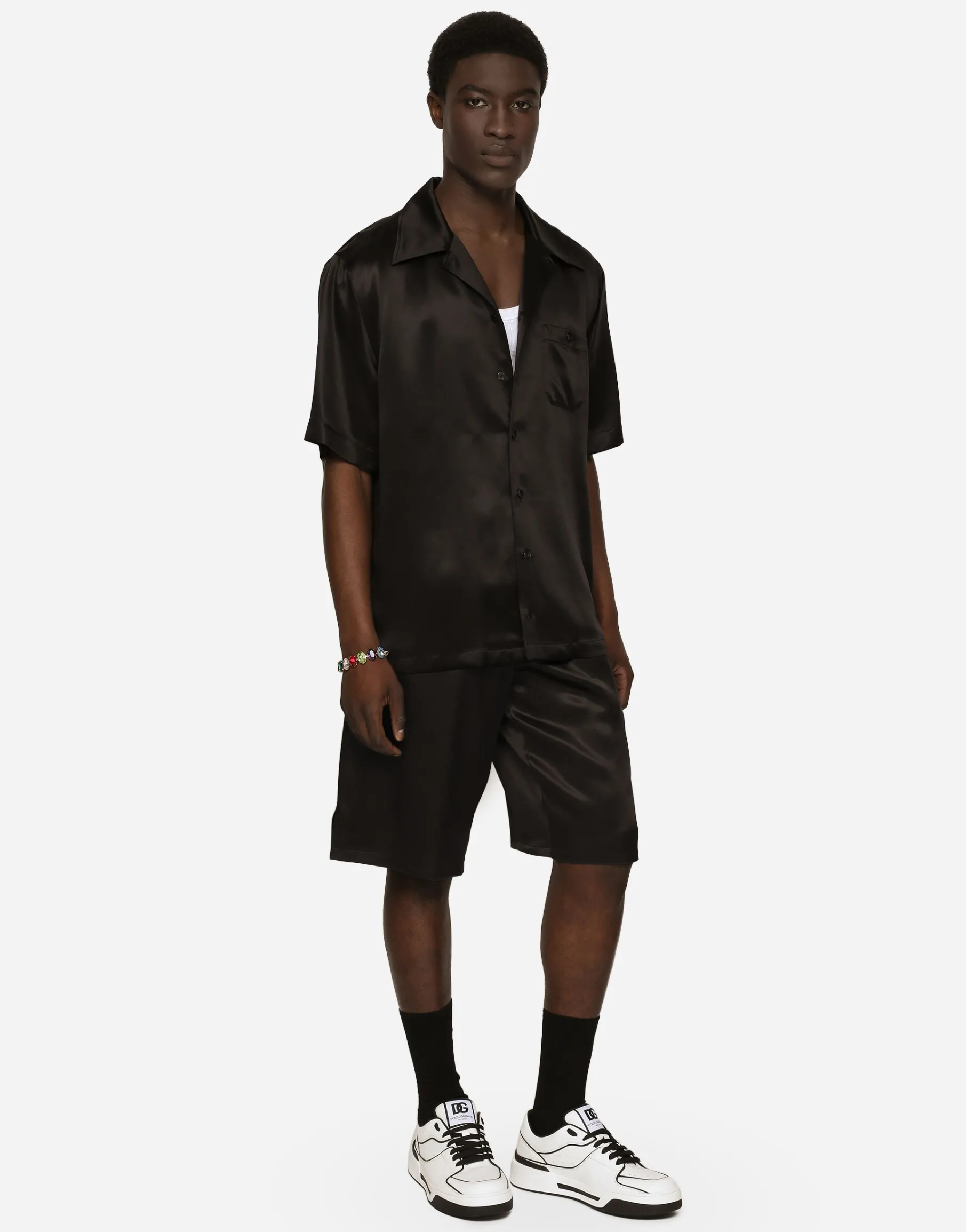 Silk satin jogging shorts with metal DG logo