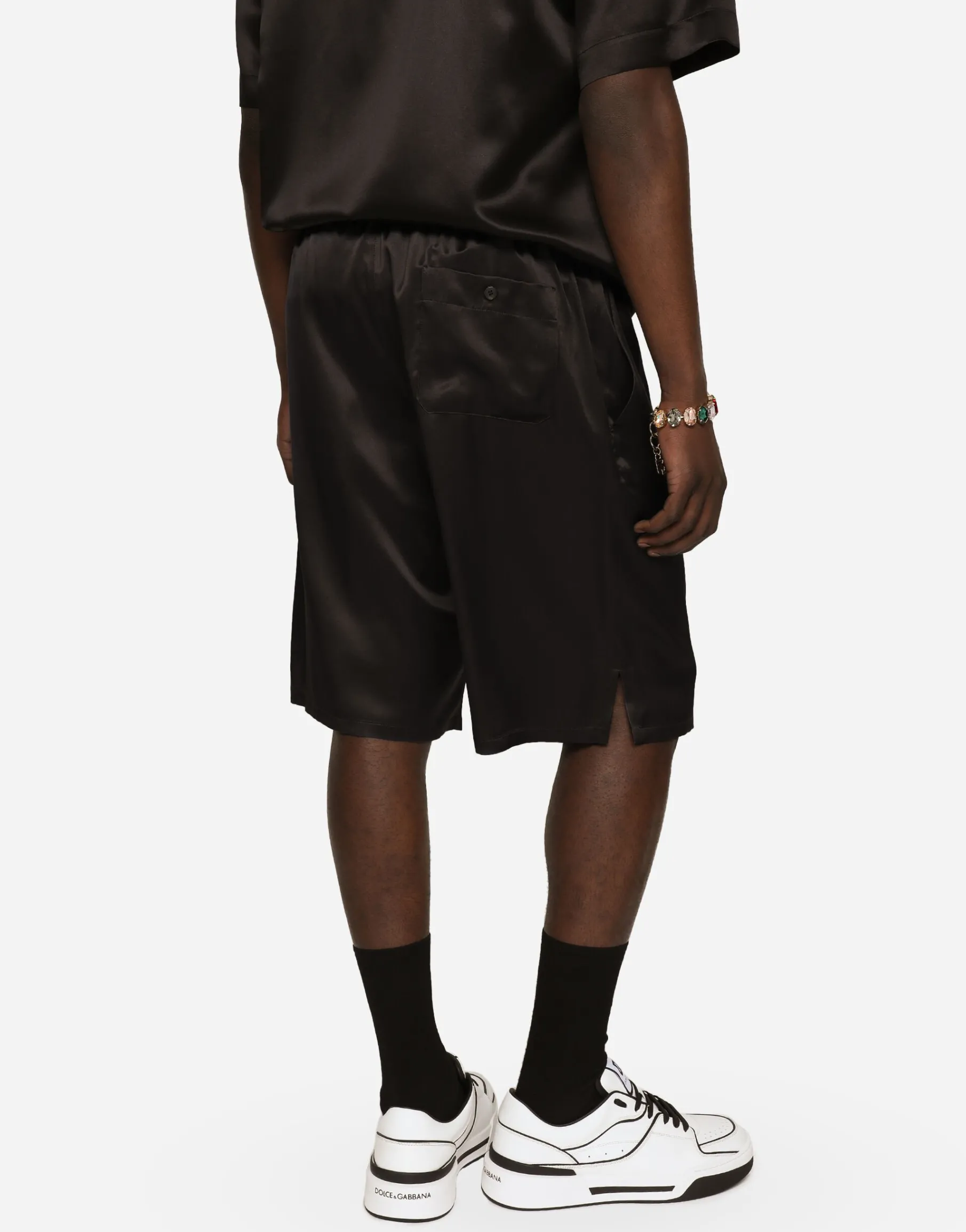 Silk satin jogging shorts with metal DG logo