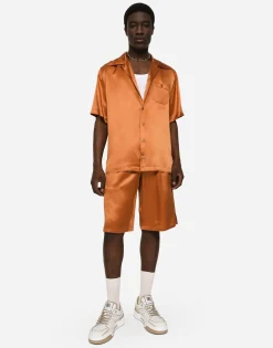 Silk satin jogging shorts with metal DG logo