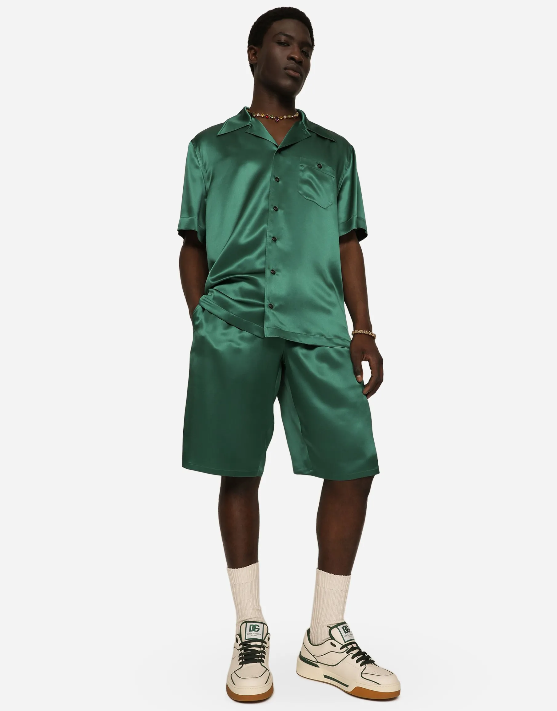 Silk satin jogging shorts with metal DG logo