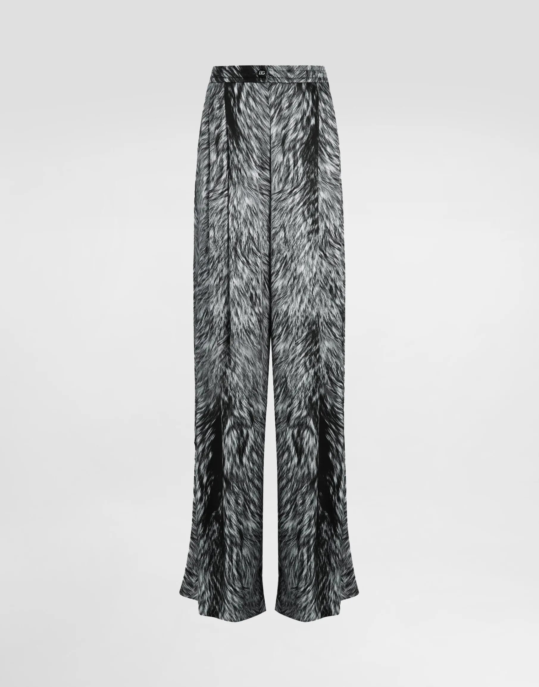 Silk satin pajama pants with fur print