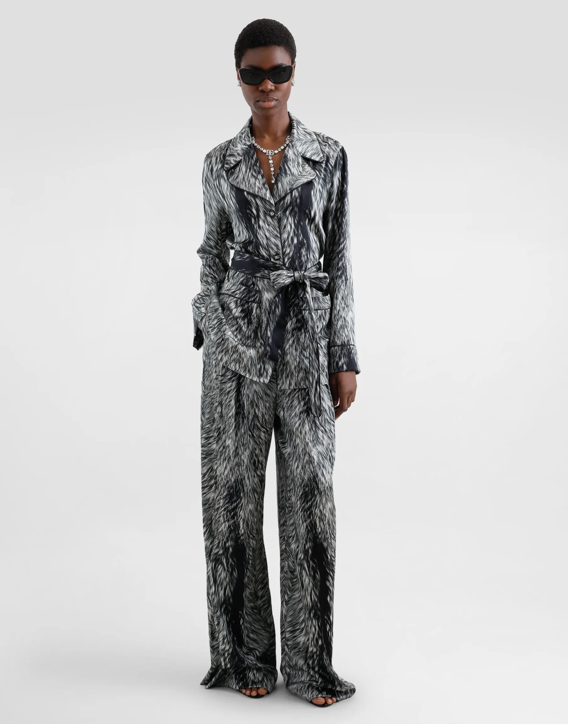 Silk satin pajama pants with fur print