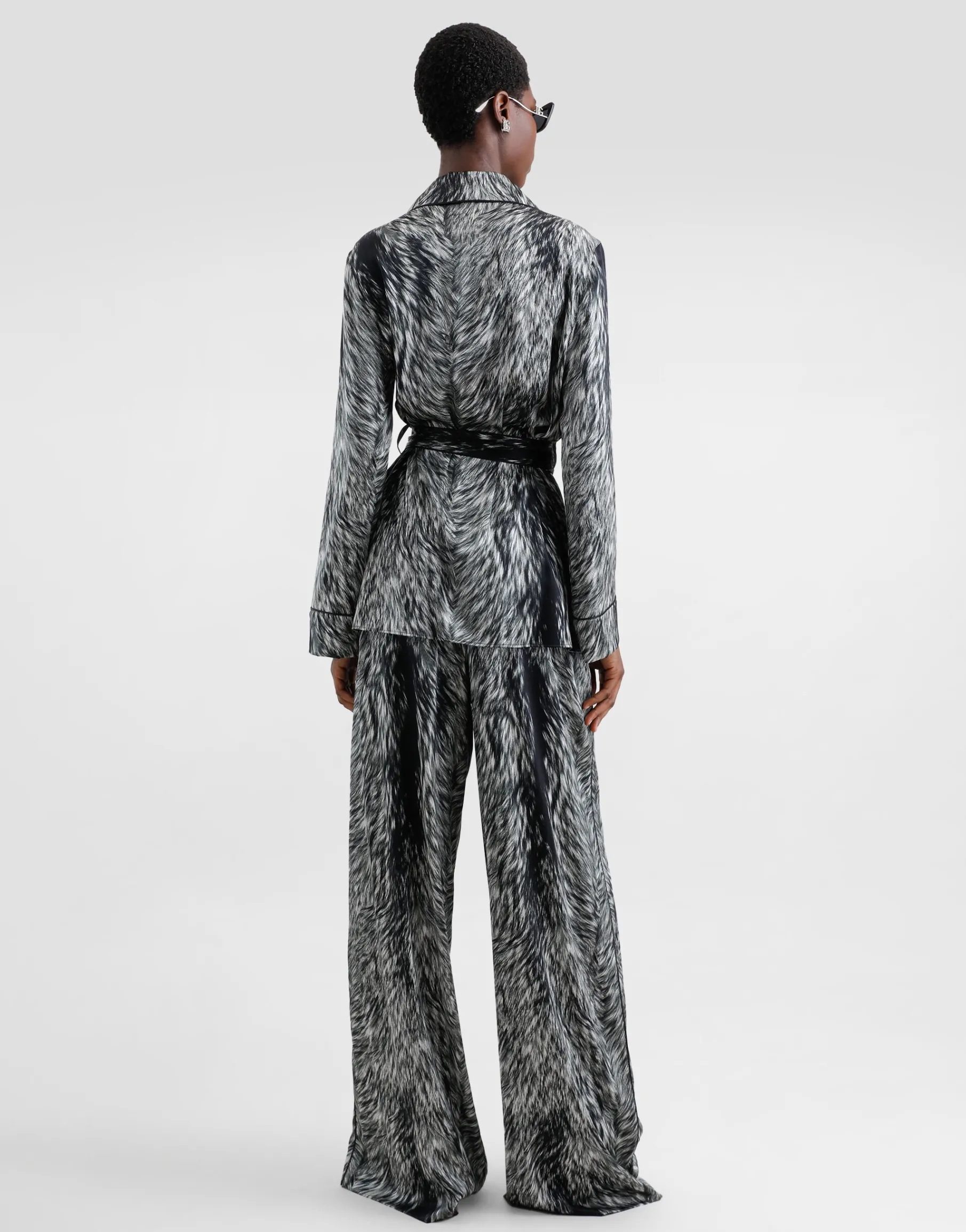 Silk satin pajama pants with fur print