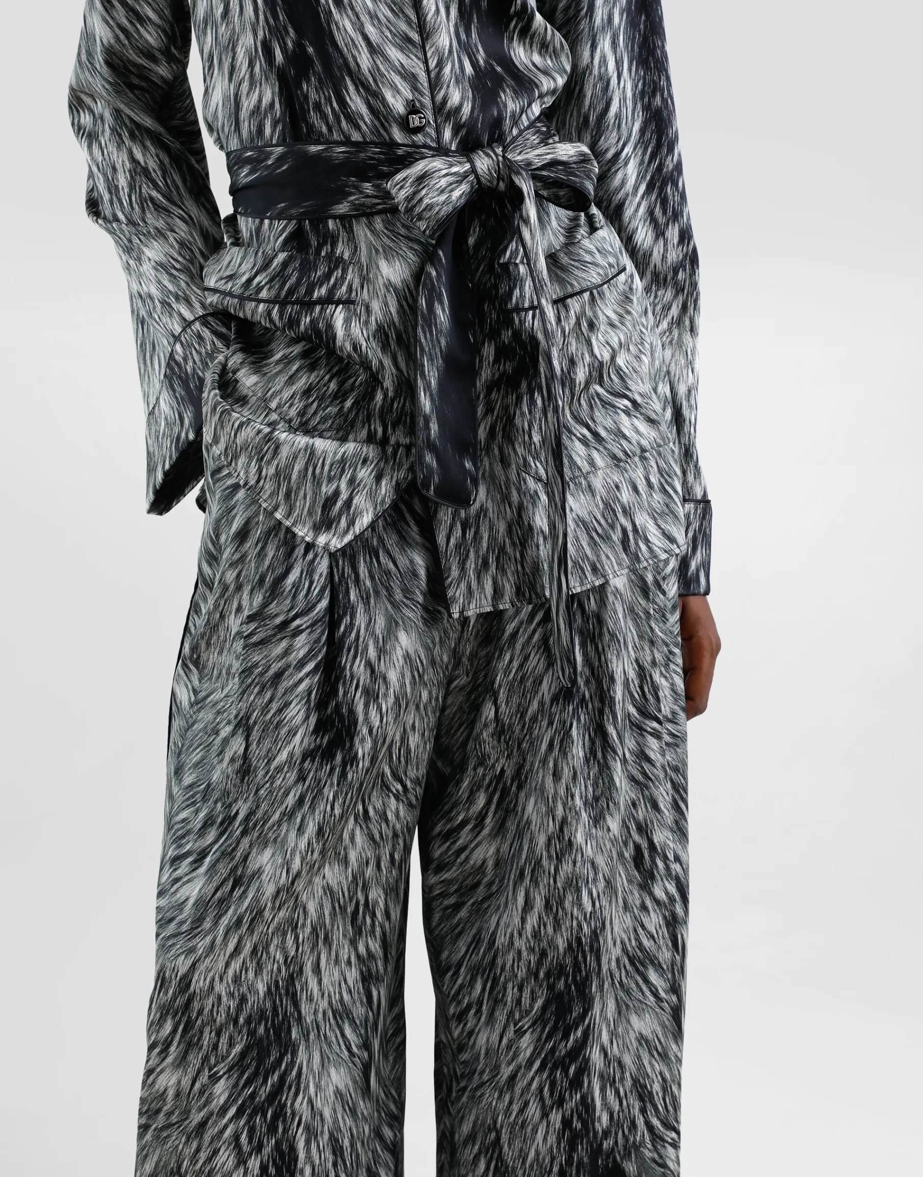 Silk satin pajama pants with fur print