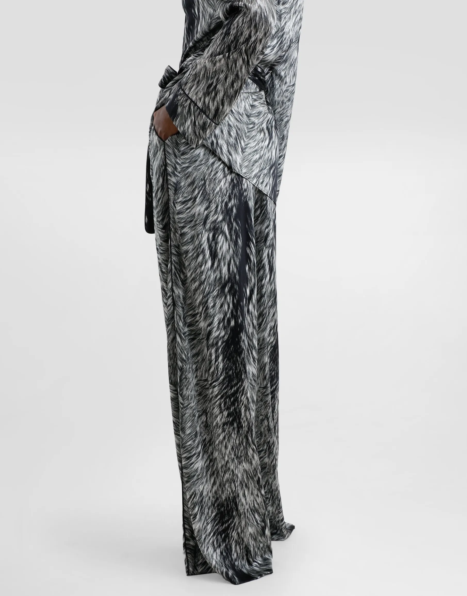 Silk satin pajama pants with fur print