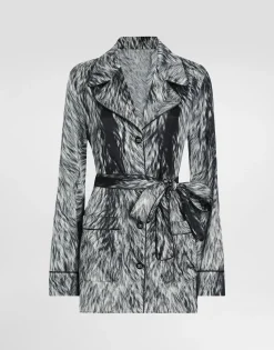 Silk satin pajama shirt with fur print