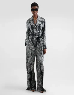 Silk satin pajama shirt with fur print