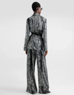 Silk satin pajama shirt with fur print