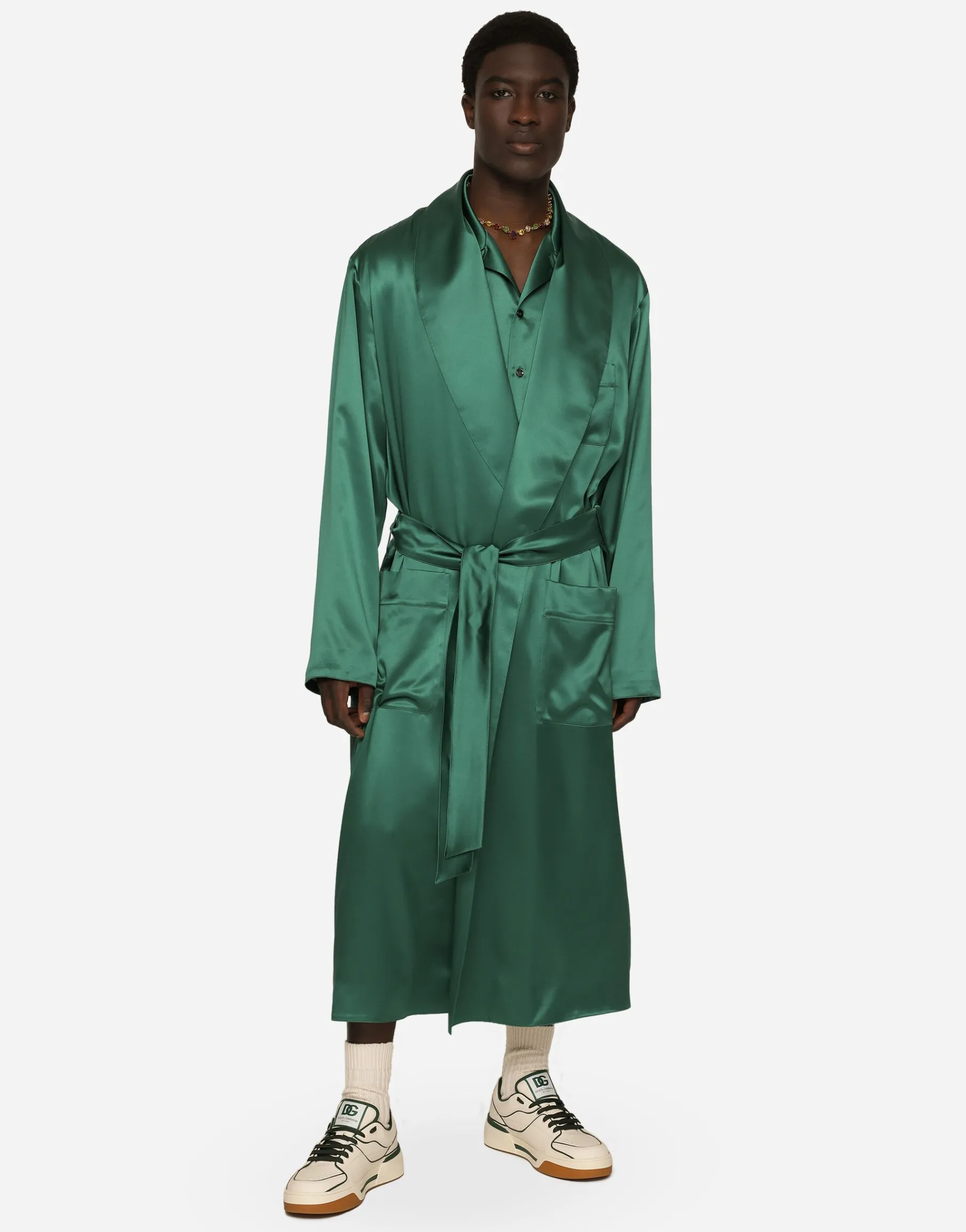 Silk satin robe with metal DG logo