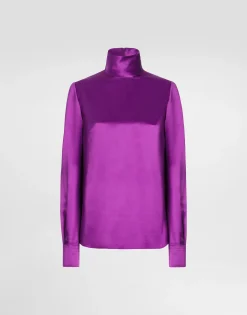 Silk satin sack top with turtle-neck