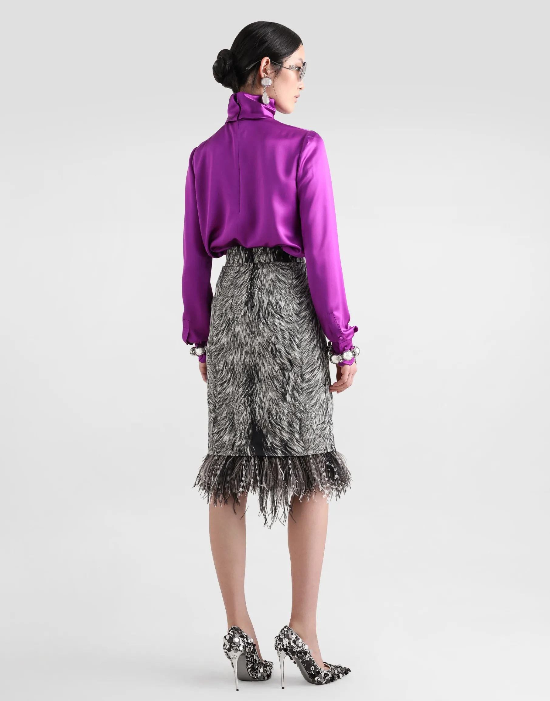 Silk satin sack top with turtle-neck