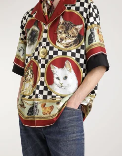 Silk shirt with cat print
