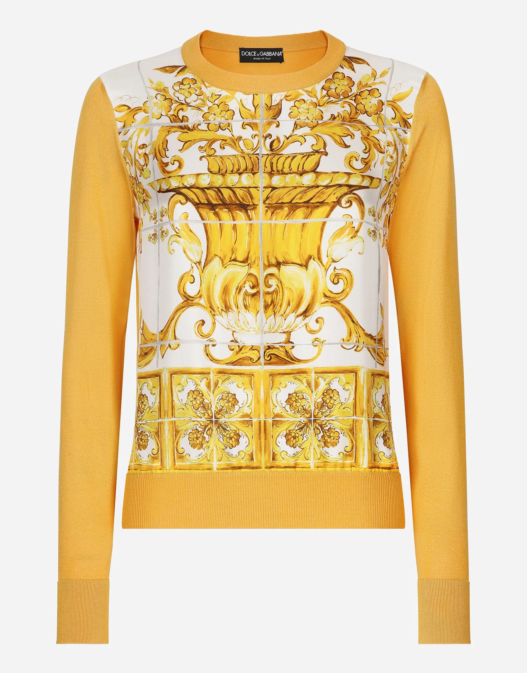 Silk sweater with majolica-print silk twill panel on the front