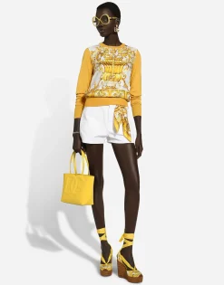 Silk sweater with majolica-print silk twill panel on the front