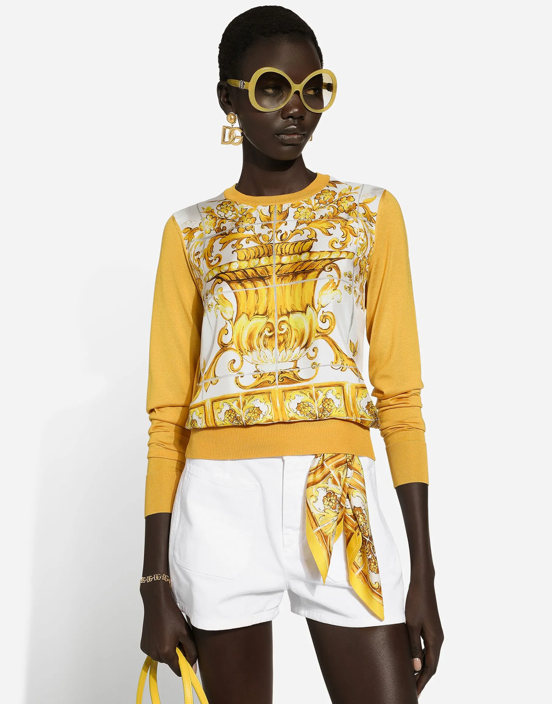 Silk sweater with majolica-print silk twill panel on the front