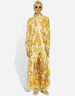 Silk twill caftan shirt with majolica print