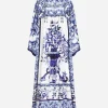 Silk twill caftan with majolica print