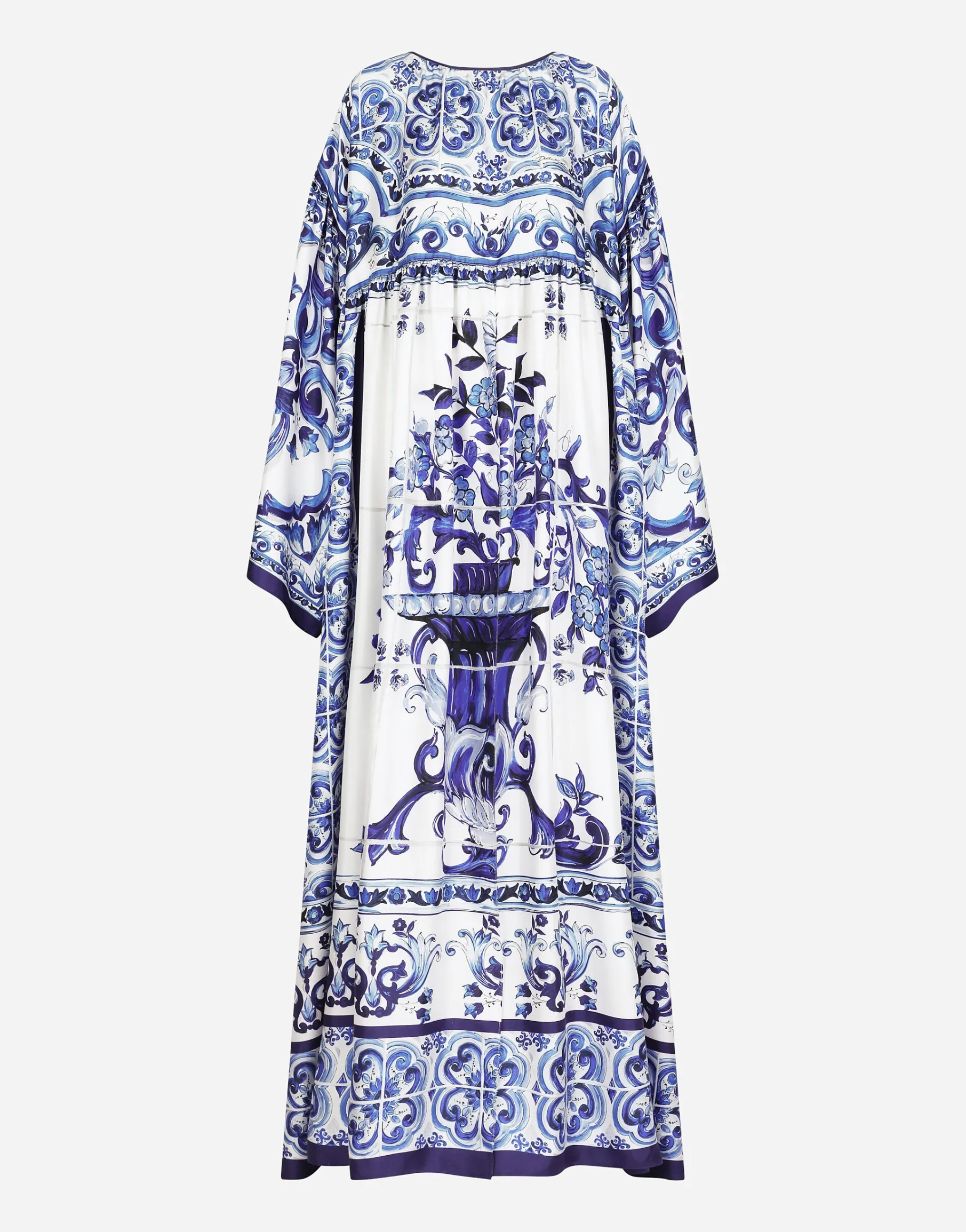 Silk twill caftan with majolica print