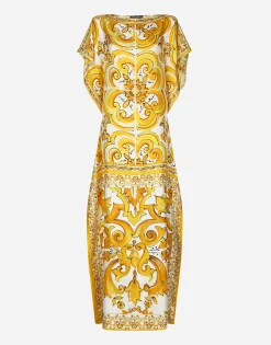 Silk twill caftan with majolica print