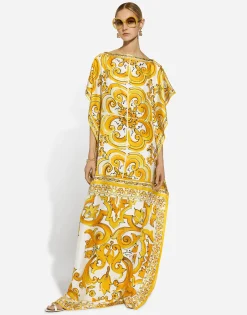 Silk twill caftan with majolica print