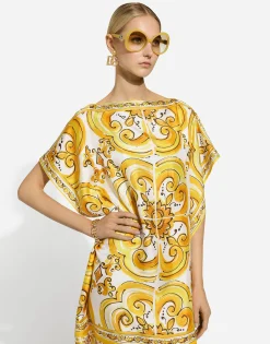 Silk twill caftan with majolica print