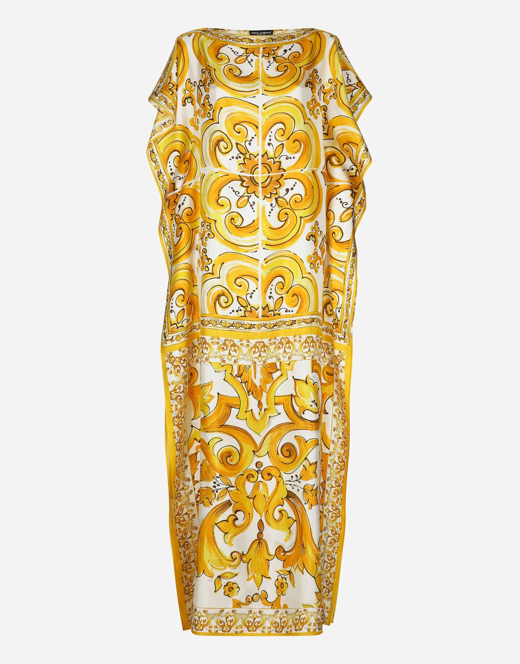 Silk twill caftan with majolica print