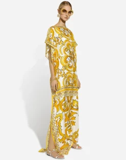Silk twill caftan with majolica print