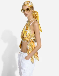 Silk twill halterneck top with majolica print