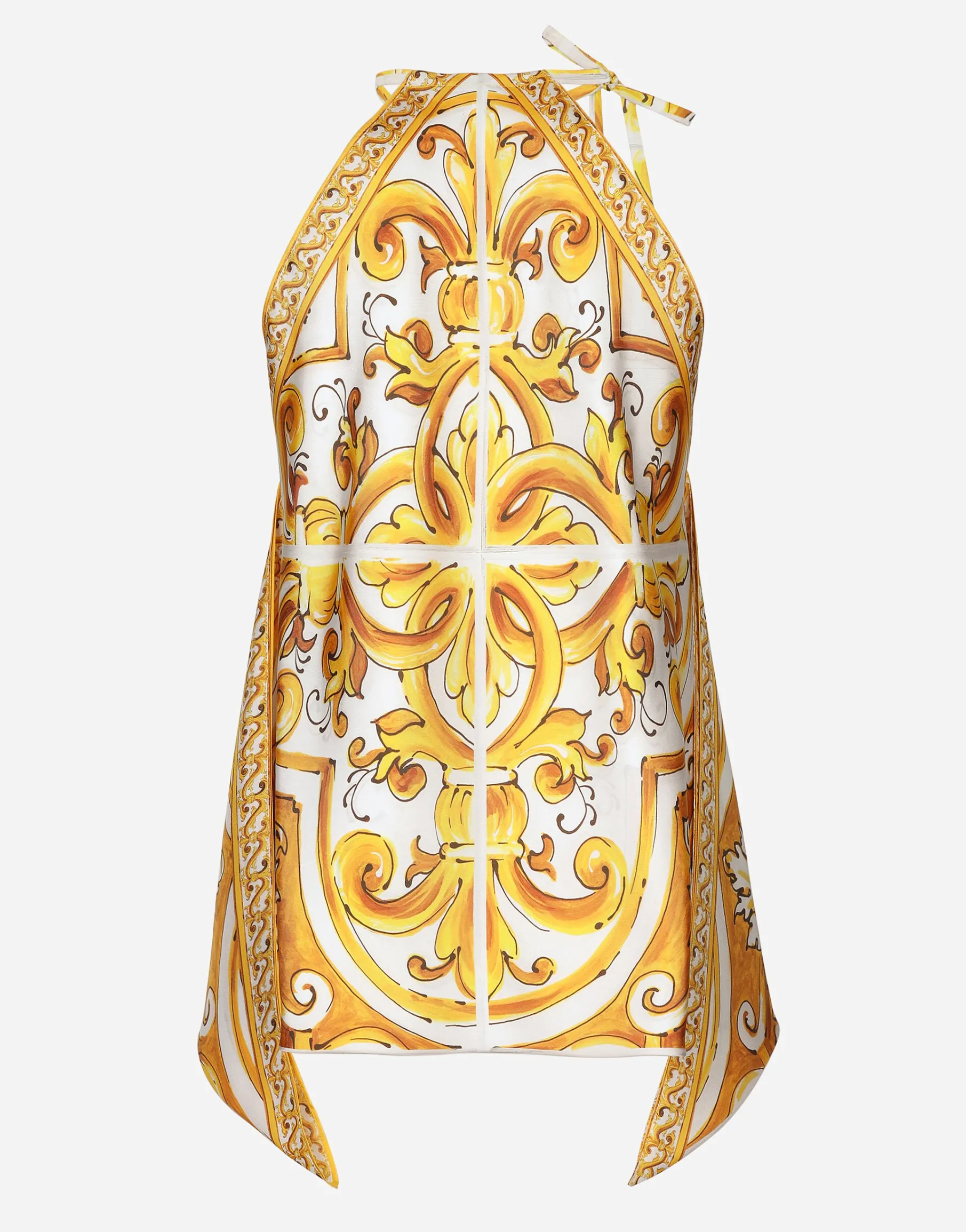 Silk twill halterneck top with majolica print
