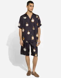 Silk twill Hawaiian shirt with watch print