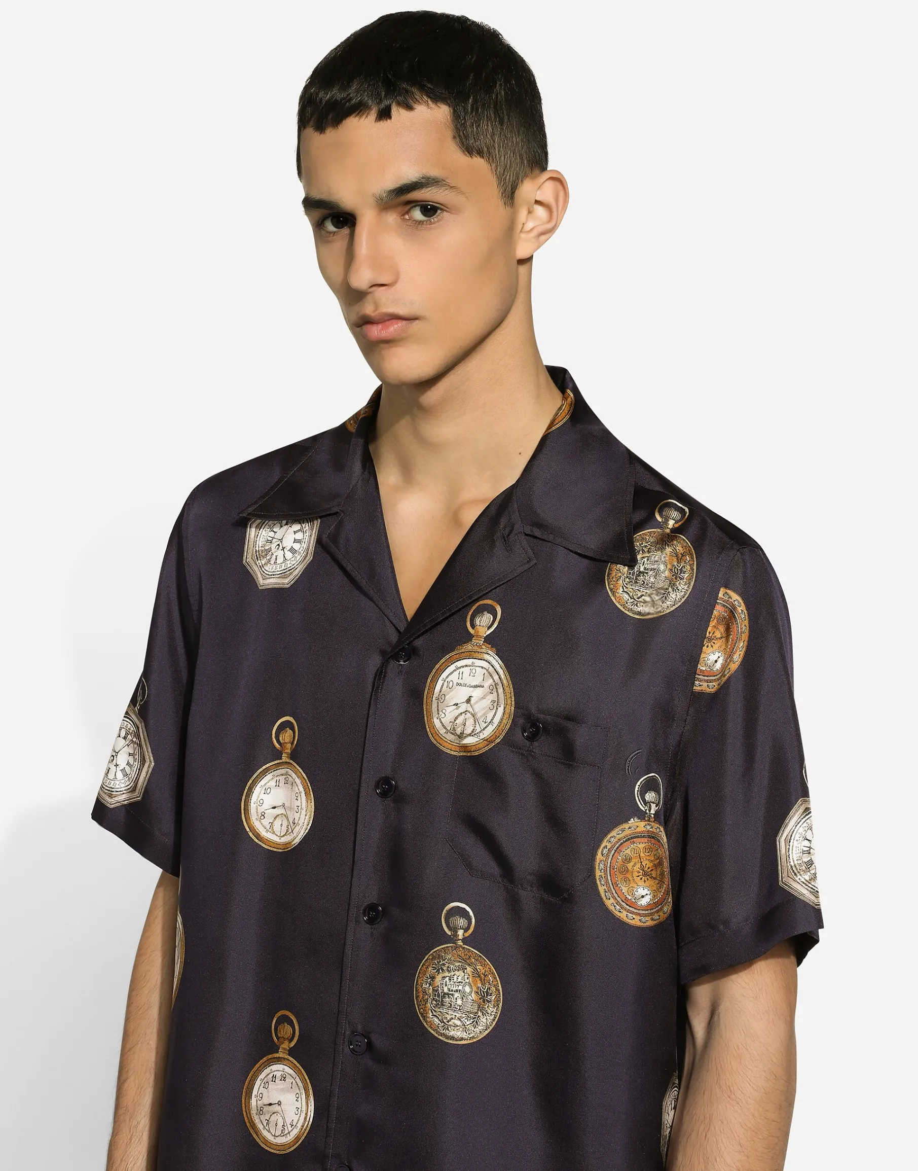 Silk twill Hawaiian shirt with watch print