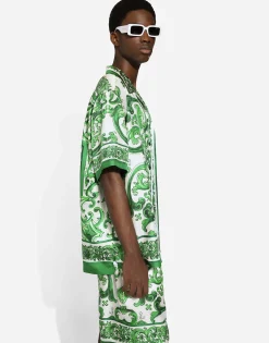 Silk twill Hawaiian shirt with majolica print